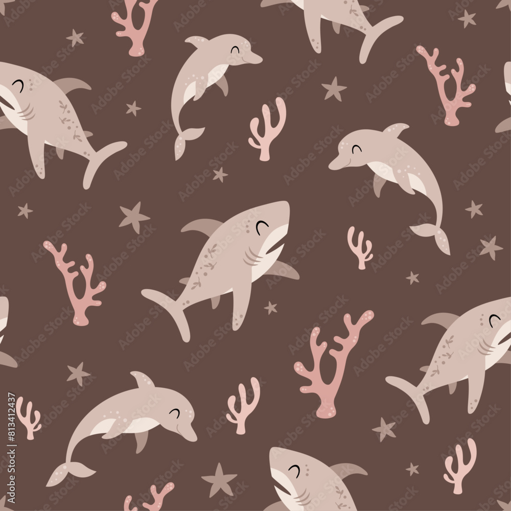 Sea seamless pattern with shark, dolphin, seaweed in flat style. Ocean digital paper. Nautical scrapbooking, background, print. Hand drawn vector pattern Sea seamless pattern with shark, dolphin, seaweed in flat style. Ocean digital paper. Nautical scrapbooking, background, print. Hand drawn vector pattern