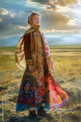 A young Kazakh woman, her attire a tapestry of tradition
