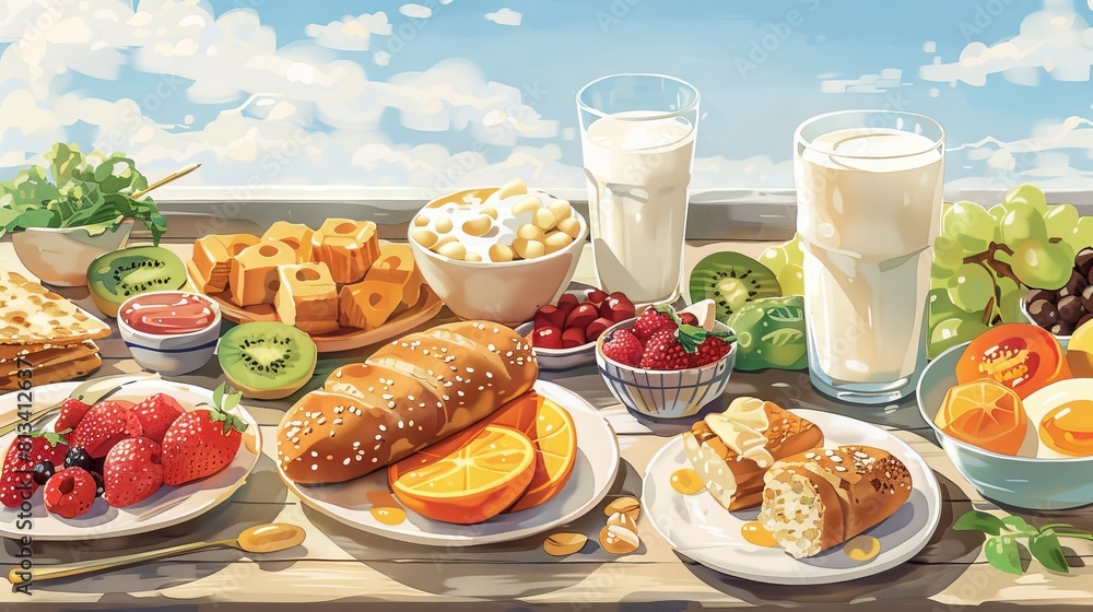 A painting of a table with a variety of food and drinks A painting of a table with a variety of food and drinks
