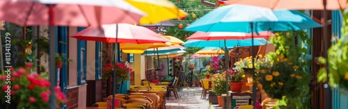 A group of umbrellas are placed outside of a building  providing shade or protection from the elements. The umbrellas are colorful and varied in size  creating a visually interesting scene.
