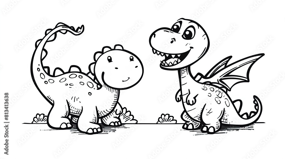 Two friendly cartoon dinosaurs interacting, one with wings. Black and white line art isolated on white background. Children's story and educational concept. Design for coloring book. Two friendly cartoon dinosaurs interacting, one with wings. Black and white line art isolated on white background. Children's story and educational concept. Design for coloring book.