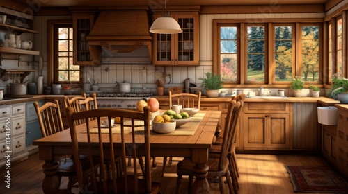 Generative AI Detailed photorealism capturing a cozy farmhouse kitchen with rustic wooden cabinets and a large family dining table. photorealistic