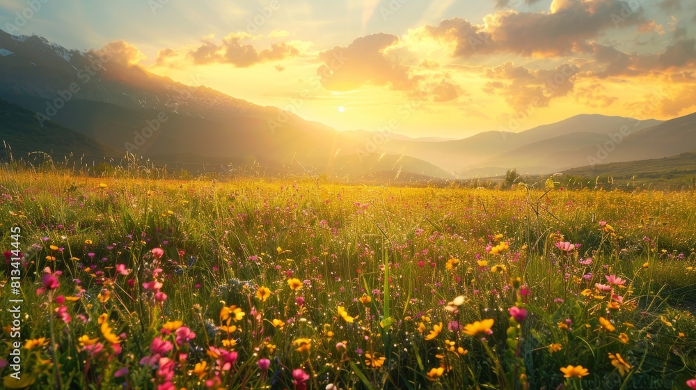 A field filled with colorful flowers stretches out towards towering mountains in the distance. The vibrant blooms contrast against the rocky backdrop, creating a picturesque scene of natural beauty. A field filled with colorful flowers stretches out towards towering mountains in the distance. The vibrant blooms contrast against the rocky backdrop, creating a picturesque scene of natural beauty.