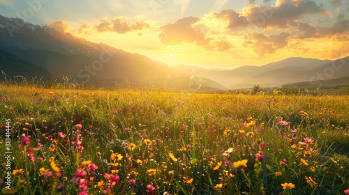 A field filled with colorful flowers stretches out towards towering mountains in the distance. The vibrant blooms contrast against the rocky backdrop, creating a picturesque scene of natural beauty.