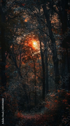 Sunlight filters through the dense canopy of trees in a wooded area, creating a warm and dappled effect on the forest floor.