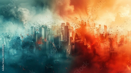 Dramatic cityscape explosion in a blend of red and blue hues  symbolizing urban chaos and transformation.
