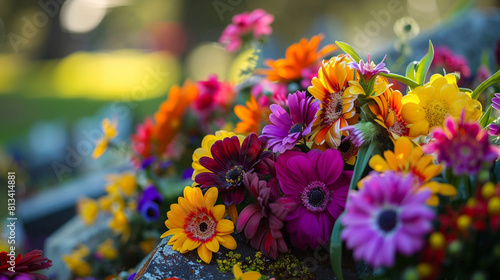 A close-up photograph of colorful flowers placed on a gravestone in remembrance of a loved one, symbolizing the beauty and reverence of honoring their memory. photo