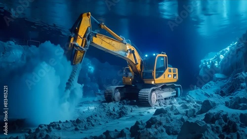 Excavator mining underwater at night in a unique construction site. Concept Underwater Excavator, Night Mining, Unique Construction Site, Heavy Machinery, Deep Sea Operations photo