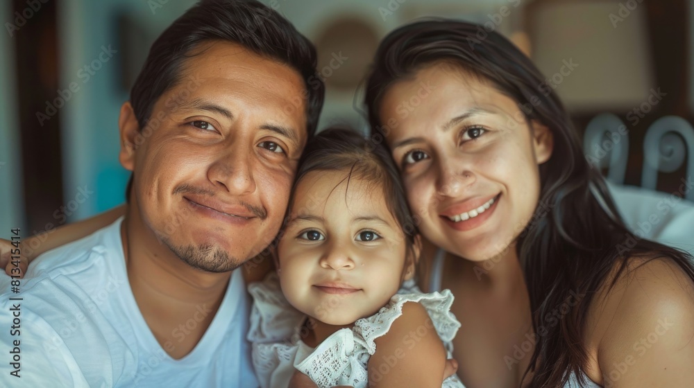 Fototapeta premium A man and a woman are posing affectionately for a portrait with a baby. The trio is smiling and looking at the camera, creating a heartwarming family moment.