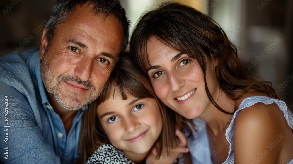 A man and a woman hug a little girl. The man is wearing a blue shirt A man and a woman hug a little girl. The man is wearing a blue shirt