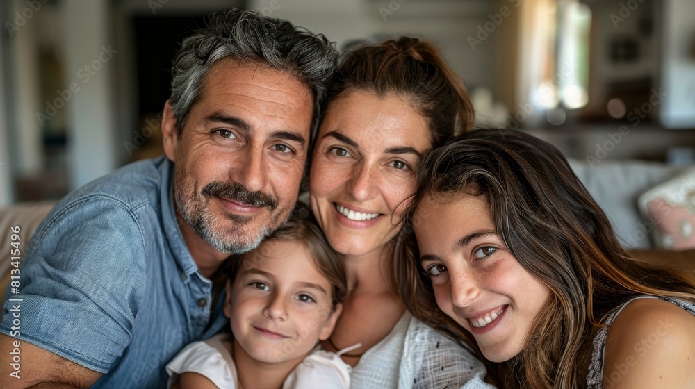 Obraz premium A man, two women, and a child are posing together for a family portrait. They are smiling and looking at the camera, capturing a moment of togetherness.
