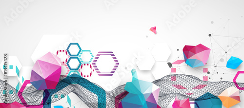 Abstract wave with colorful hexagons and plexus effect. Scientific and technological background. Vector.