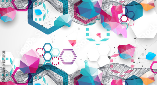 Abstract wave with colorful hexagons and plexus effect. Scientific and technological background. Vector.