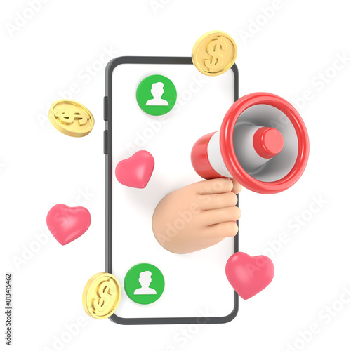 Transparent Backgrounds Mock-up.3d refer a friend concept. Cartoon hand holding megaphone illustration .3d partnership marketing in social media.Supports PNG files with transparent backgrounds.