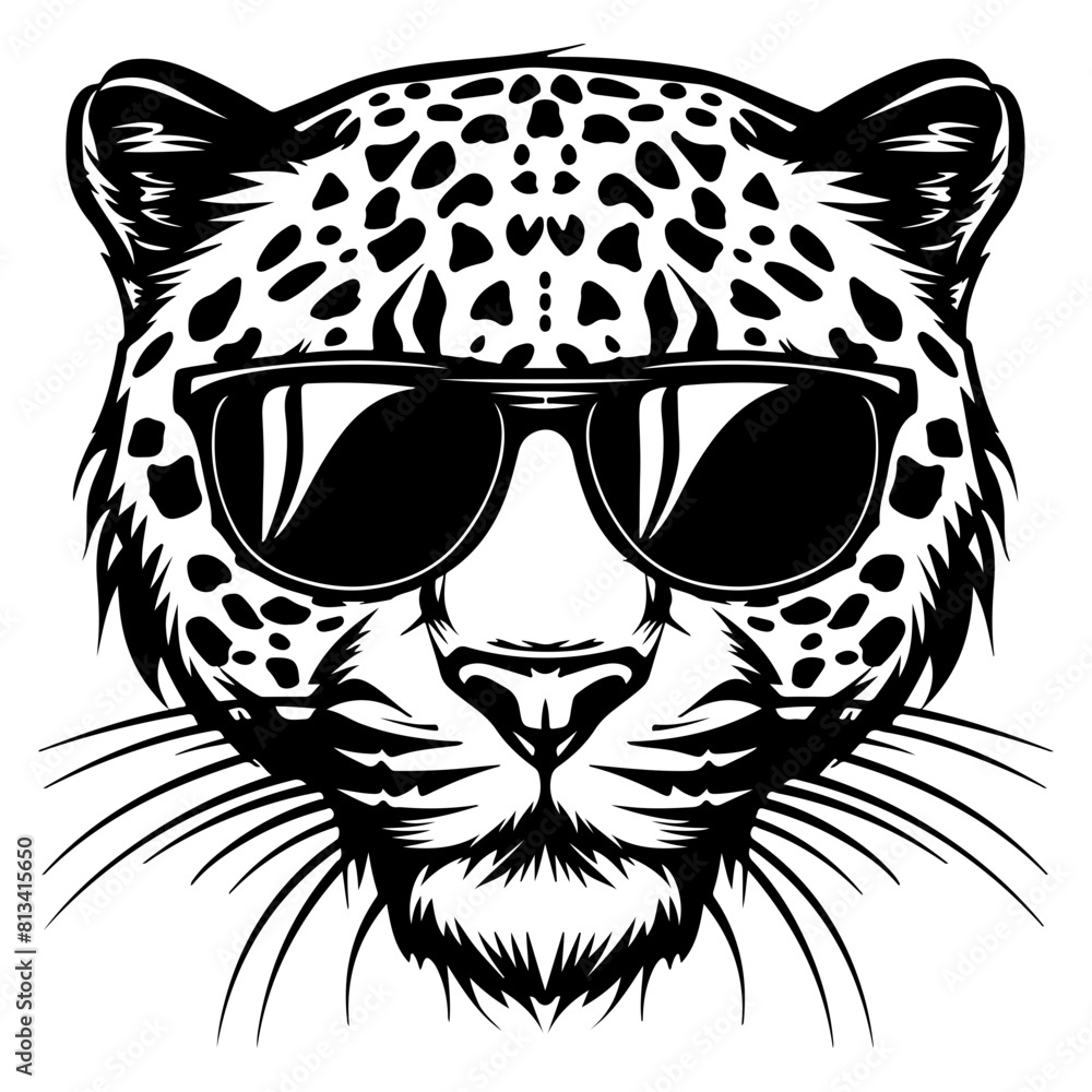 Obraz premium Cool Leopard wearing sunglass black silhouette logo svg vector, Leopard icon illustration
