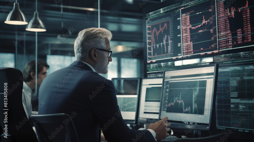 Generative AI Financial meeting in a brokerage firm, stockbrokers discussing investment strategies, charts visible on a whiteboard Generative AI Financial meeting in a brokerage firm, stockbrokers discussing investment strategies, charts visible on a whiteboard