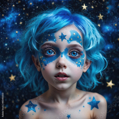 Blue Haired Little Star Girl With Blue Stars On Body In A Beautiful Universe