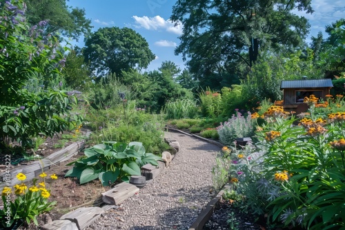 A backyard botanical garden featuring a variety of native plants, butterfly gardens, and bird feeders, attracting wildlife and fostering, Generative AI