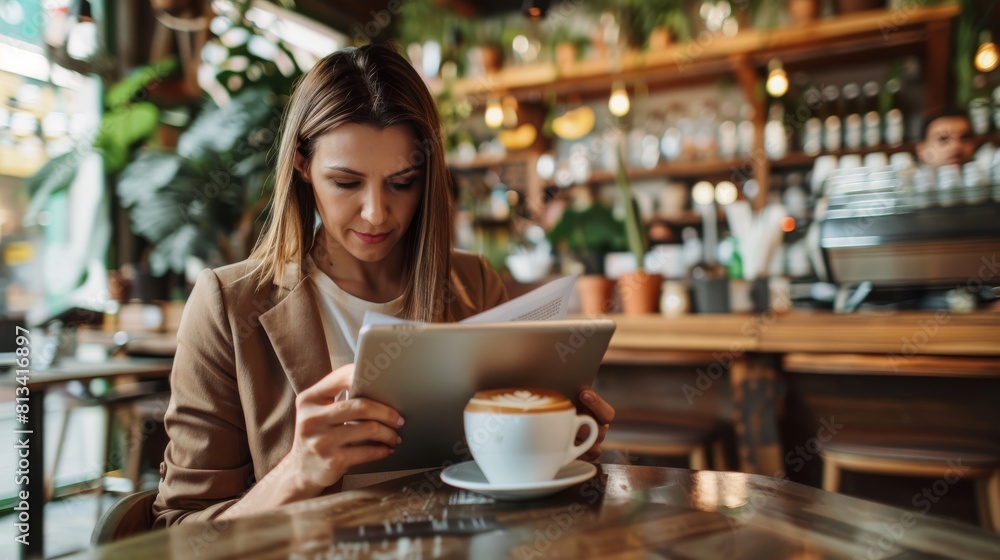 A businesswoman is seated at a table, focused on the tablet in front of her. She appears to be engrossed in the content displayed on the device, possibly working or researching. The table is neatly ar A businesswoman is seated at a table, focused on the tablet in front of her. She appears to be engrossed in the content displayed on the device, possibly working or researching. The table is neatly ar
