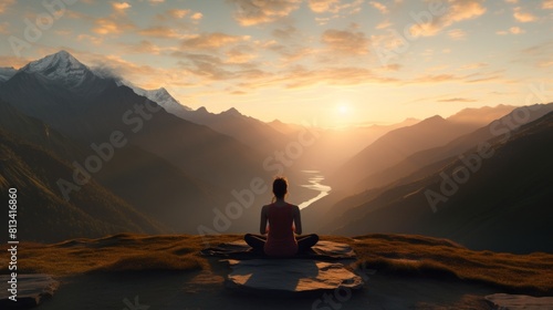 Generative AI A solitary figure engaged in a calming yoga pose amidst the mountain s serene beauty during sunrise.