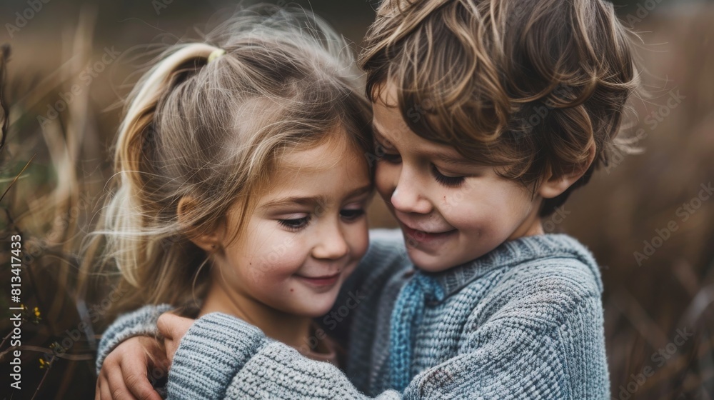 Two siblings, a boy and a girl, embracing in a green field, showing love and affection towards each other. The children are smiling as they share a warm hug under the clear sky. Two siblings, a boy and a girl, embracing in a green field, showing love and affection towards each other. The children are smiling as they share a warm hug under the clear sky.