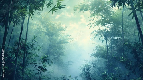 minimal  background  bamboo forest  front view  bamboo calm  futuristic tone  Analogous Color Scheme