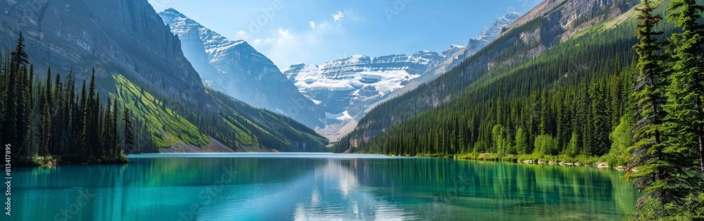 A beautiful mountain lake with a clear blue water. The mountains are covered with trees and the sky is clear A beautiful mountain lake with a clear blue water. The mountains are covered with trees and the sky is clear