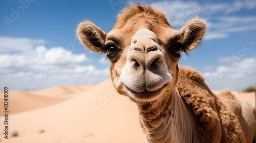 A curious little camel  peeking out from behind a sand dune  its big brown eyes filled with wonder and adventure.