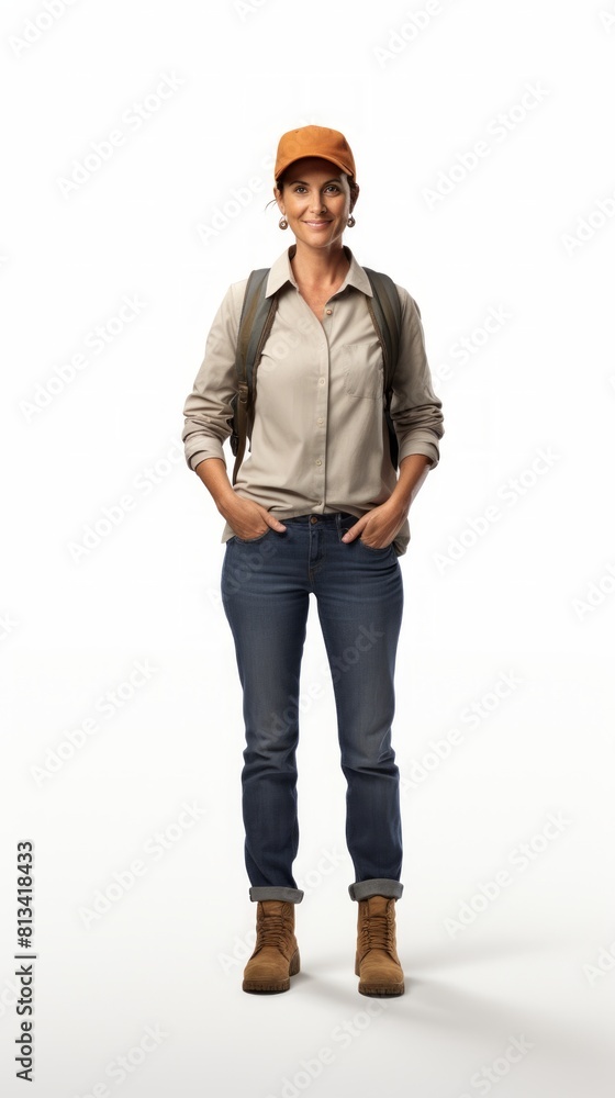 Generative AI Middle-aged female delivery person with packages, gentle smile, professional posture, in full growth against a plain white background Generative AI Middle-aged female delivery person with packages, gentle smile, professional posture, in full growth against a plain white background