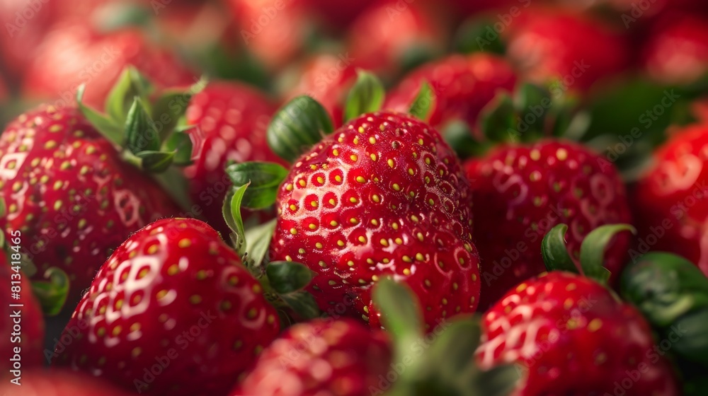 A detailed close-up photograph showcasing the texture and vibrant red color of fresh, ripe
strawberry with green leaves A detailed close-up photograph showcasing the texture and vibrant red color of fresh, ripe
strawberry with green leaves