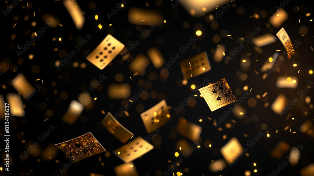 Card background. Backdrop for casino, golden cards flying on black backdrop Card background. Backdrop for casino, golden cards flying on black backdrop