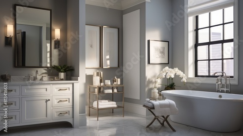 Generative AI A transitional-style bathroom with a blend of modern and traditional elements for a timeless look.