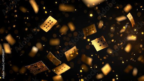 Card background. Backdrop for casino, golden cards flying on black backdrop photo