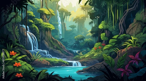 Generative AI A tropical rainforest with diverse vegetation and a waterfall.