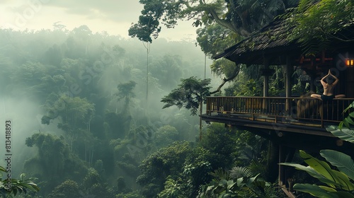 A woman doing yoga on a balcony in a treehouse in the middle of a lush green jungle. photo