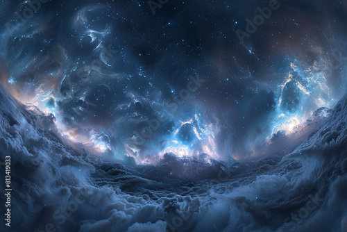 360 degree space nebula panorama, equirectangular projection, environment map HDRI spherical panorama Space background with nebula and stars 3d illustration