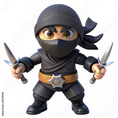 3D render of a ninja character in stealth mode with shurikens, on isolated white background, Generative AI photo