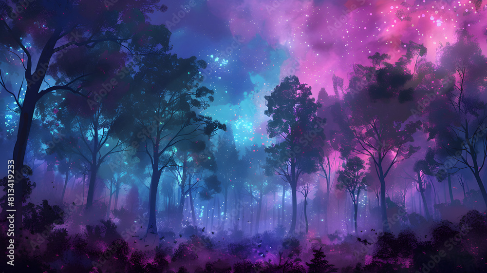 Enchanted Nighttime Forest Under the Gleaming Moonlight: A Mystic Digital Art Experience