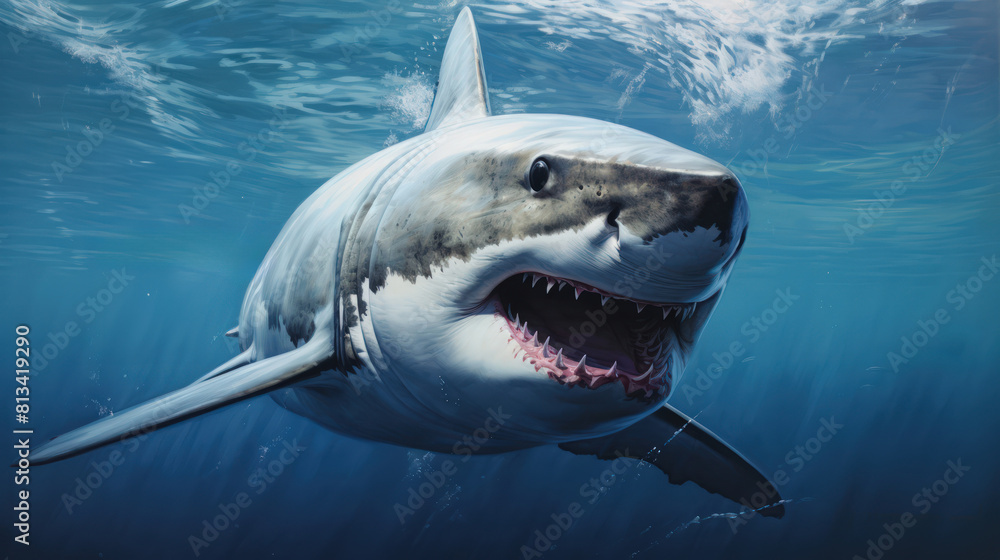Fototapeta premium A great white shark swims through a clear blue ocean, sunlight filtering through the water.