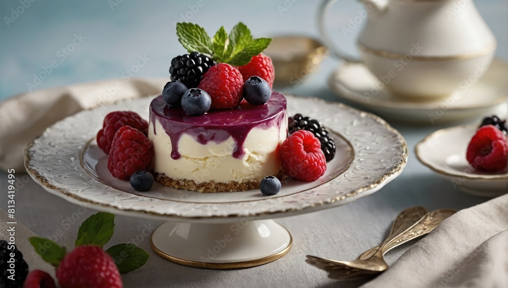 a dessert on a plate with berries on a blue table a dessert on a plate with berries on a blue table