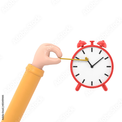 Stop time concept. Business metaphor.3D illustration flat design. Businessman in suit push back hour hand. Deadline. Time management.Supports PNG files with transparent backgrounds.