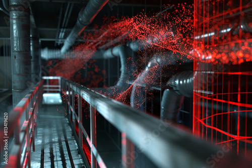 A 3D animated sequence showing air being filtered and circulated through a complex ventilation network  photo