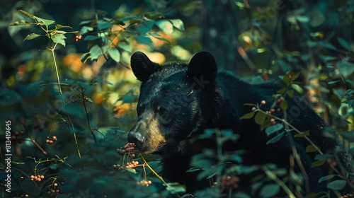 A black bear is seen in the woods, actively foraging for berries. The bear is using its paws and mouth to pick and eat the ripe berries found on the bushes around it. photo