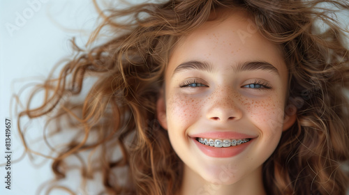 Close-up of cheerful young girl with curly hair and braces, joyful expression, dental care concept
