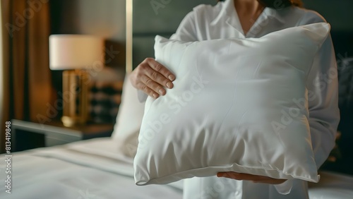 Professional chambermaid placing pillow in hotel room closeup shot. Concept Hotel room setup, Housekeeping services, Hospitality industry, Room preparation, Chambermaid at work