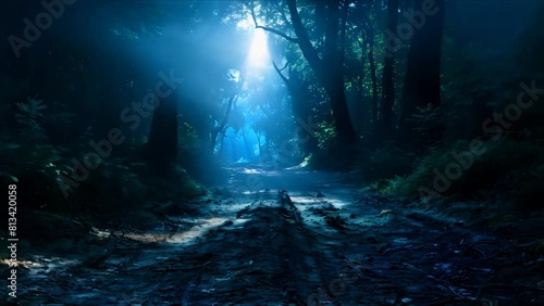 Exploring a dark forest as a metaphor for self-discovery and finding one's path. Concept Dark Forest, Self-Discovery, Finding Path, Metaphor, Nature Exploration photo