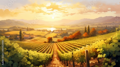 Generative AI Picturesque vineyards under golden sunlight. aquarelle