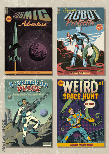 Old Fantastic Comics Cover Set. Retro Future Cosmic Style Illustrations. Space Rocket and Planets, Giant Robot and Extraterrestrial Monster, Space Soldier, Astronaut with Laser Gun versus Huge Octopus