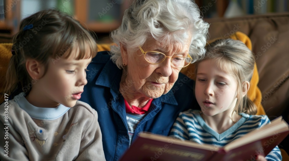 A woman sitting while reading a book to two children, engaging them in storytelling and sharing knowledge in a cozy setting. A woman sitting while reading a book to two children, engaging them in storytelling and sharing knowledge in a cozy setting.