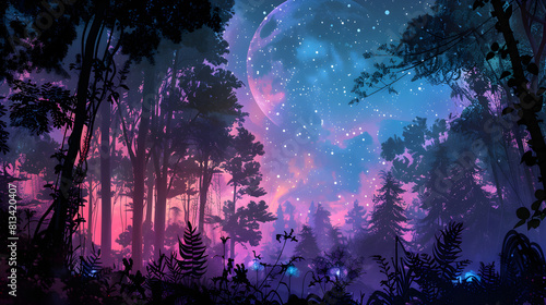 Enchanted Nighttime Forest Under the Gleaming Moonlight: A Mystic Digital Art Experience